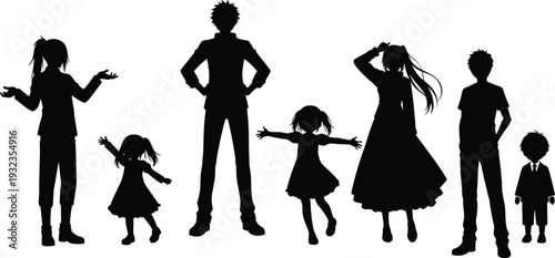 Happy Family Silhouette Vector Illustration with Parents Children and Toddlers in Diverse Poses for Community Relationship and Parenting Graphic Design