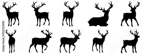 Set of Ten Stag Deer Silhouettes with Antlers
