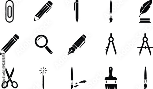Black Stationery and Drawing Tools Silhouette Icon Set for Office, School, and Creative Design Projects