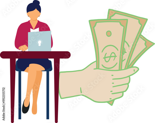 A woman seated at a desk, grasping money, appears to be contemplating her financial situation.