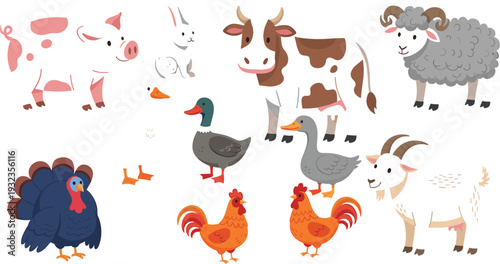 Cute farm animal vector set with cow pig sheep goat duck turkey and rooster cartoon characters isolated on white background