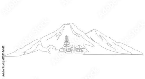 Mountain Landscape with Temple Illustration.
