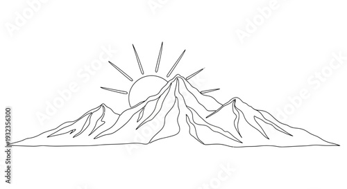 Simple Line Drawing of Mountains and Sun.
