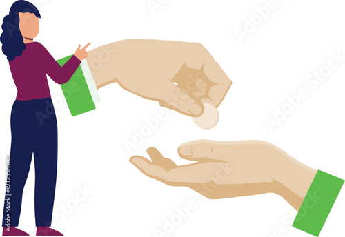 A woman is giving a coin to another individual, representing an act of kindness or financial transaction.