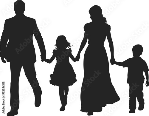 Large Multigenerational Family Silhouette Holding Hands and Walking Together Including Grandparents Parents and Multiple Children Isolated on White Background Vector