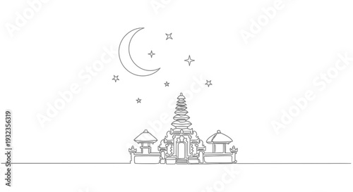 Simple Line Drawing of Temple Under Moonlight.