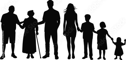 Large Multigenerational Family Holding Hands Silhouette Including Grandparents Parents and Three Children Standing Together Isolated on White Background for Ancestry