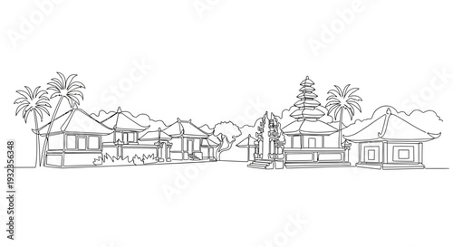 Sketch of Tropical Village Houses and Trees.