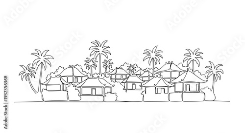 Tropical Village Houses with Palm Trees Illustration.
