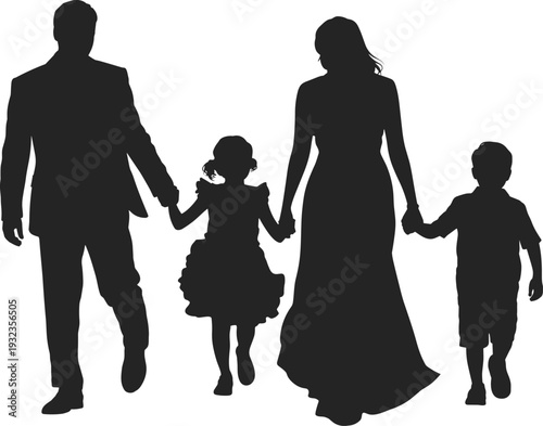 Large Multigenerational Family Silhouette Holding Hands Including Grandparents Parents and Multiple Children Standing Together Isolated on White Background for Ancestry