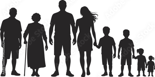 Large Multigenerational Family Silhouette Including Grandparents Parents and Five Children Standing Together Isolated on White Background for Family Tree Design