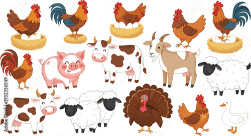 Farm animal cartoon vector set with cow pig sheep goat rooster hen turkey and duck characters isolated on white background