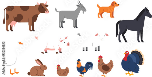 Cute farm animal vector collection with cow goat horse dog pig rabbit rooster hen and turkey isolated on white background