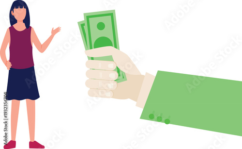 A woman is giving money to a man, both smiling, in what seems to be a friendly exchange.