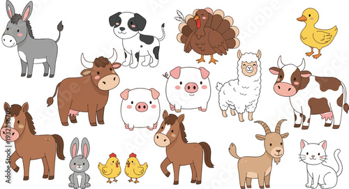 Cute farm animal cartoon vector set with cow pig sheep goat horse donkey dog cat duck and turkey isolated on white background