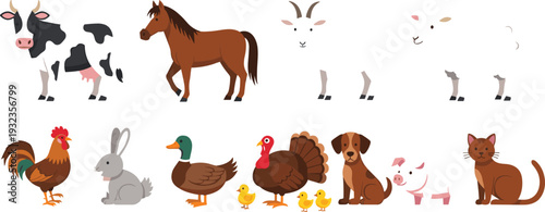 Farm animal cartoon vector set with cow horse goat rooster rabbit duck turkey dog cat and pig isolated on white background