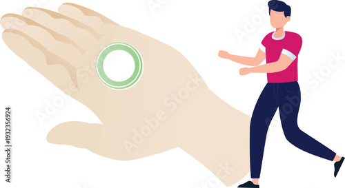 A man holds a hand featuring a prominent green button on the palm.