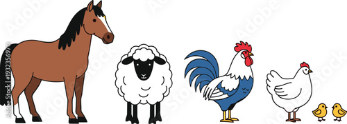 Farm animal cartoon vector set with horse sheep rooster hen and baby chicks isolated on white background