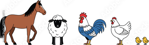 Farm animal cartoon vector set with horse sheep rooster hen and baby chicks isolated on white background