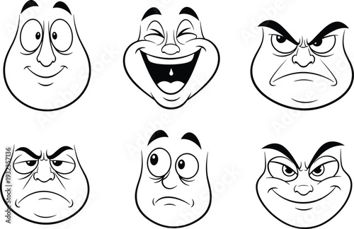 Hand-Drawn Expressive Cartoon Facial Emotions Set Featuring 6 Unique Caricatures for Joy Anger Confusion and Mischief in a Black and White Style