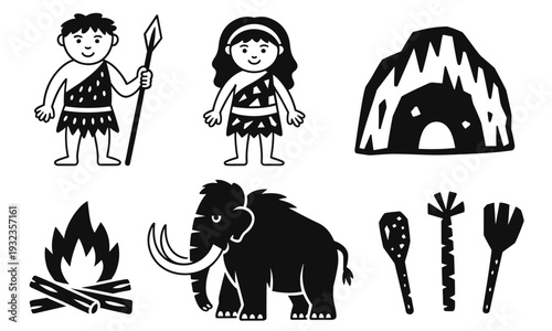 Prehistoric characters and elements including caveman, cavewoman, cave, fire, mammoth, and primitive tools in simple black silhouette style
