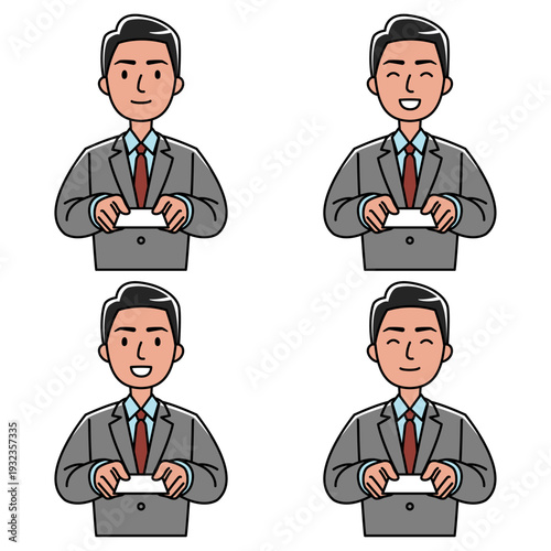 名刺を差し出すスーツの東南アジア系男性のイラスト