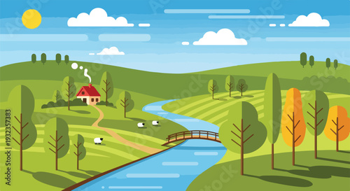 A colorful, minimalist landscape with a house, river, and trees