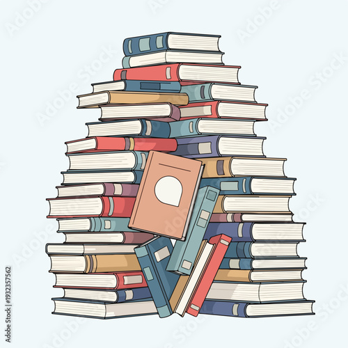 A colorful stack of books in a cartoonish, illustrated style