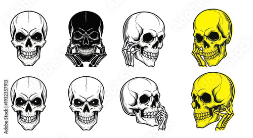 Set of Scary Skull Illustrations in Black, White, and Yellow