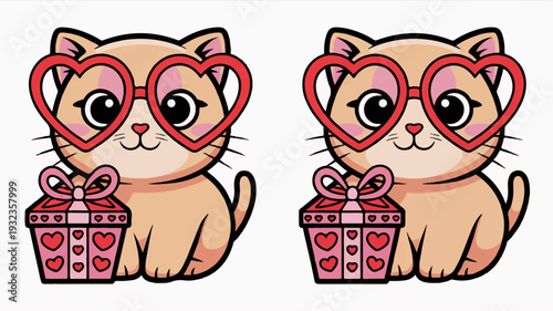 Cute cartoon cats wear heart shaped glasses holding gift boxes with hearts for valentine's day or love themed designs