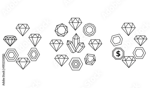 A minimalist vector graphic illustration of various gemstones and coins
