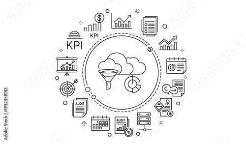 A collection of business and finance icons in a flat minimal design style