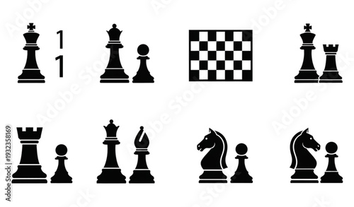 A set of black chess pieces and a board in a flat vector design