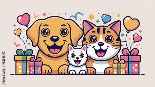 Happy dog cat and kitten with gifts and hearts celebrating love and friendship together