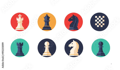 A set of colorful chess piece icons in a modern flat design style