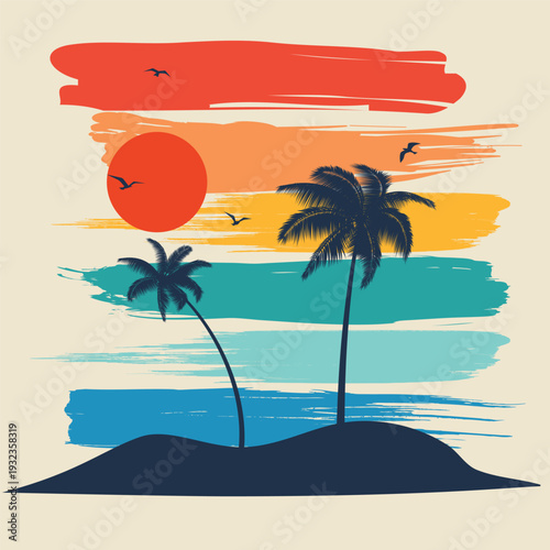 Palm trees on the shore of a warm sea. Two lonely palm trees against a bright sky. Templates for use in creative work.