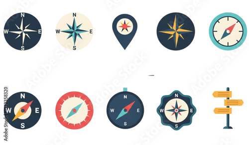 A collection of colorful compass icons and navigation symbols in various designs
