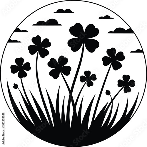 Four leaf clover field silhouette in a circular frame, black lucky shamrock vector with grass and clouds isolated on white background