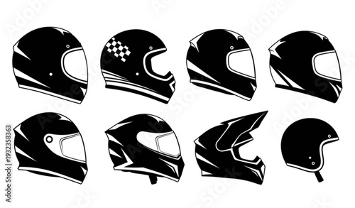A set of black motorcycle helmets in various designs and angles
