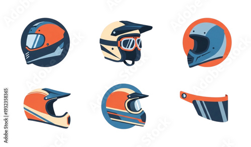 A set of six colorful motorcycle helmets in various designs and angles
