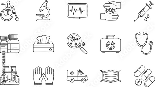 Medical and Healthcare Line Icon Set with Hospital Equipment, First Aid, and Diagnostic Tools for Digital Design
