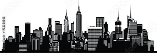 New York City Manhattan Skyline Silhouette Illustration with Empire State Building and Chrysler Building Icons for Urban Travel and Design