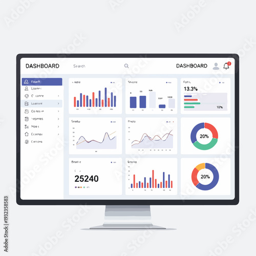 A computer monitor displays a data dashboard with charts, graphs, and menus