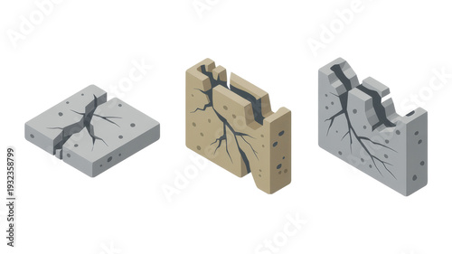Three cracked concrete and brick pieces broken isolated on a transparent background
