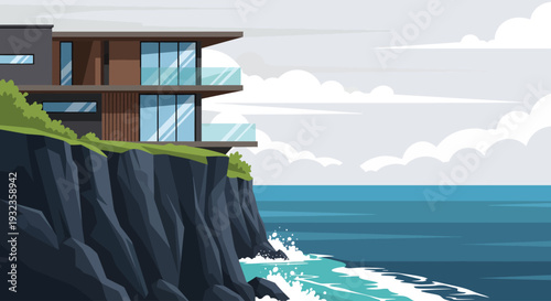 Perched on a jagged, dark cliff edge, a modern luxury home with large glass windows and sleek balconies overlooks churning teal ocean waves crashing below beneath a moody, cloudy sky on a coastal day