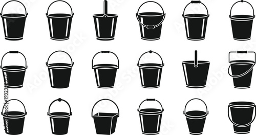 Set of 18 black bucket silhouette illustrations with diverse shapes, handles, spouts, and lids, isolated on white background for design, education, and categorization purposes