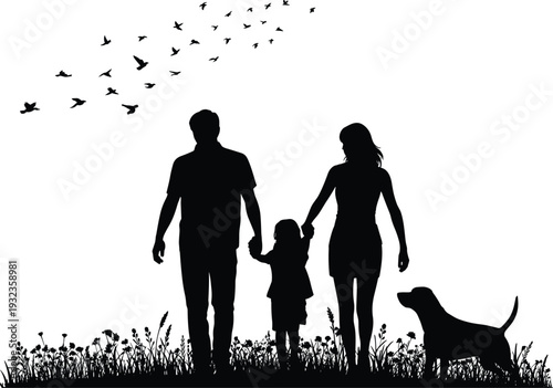 Silhouette of happy family with father mother child and dog walking in flower field with birds flying in the sky