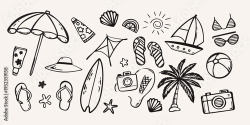 A collection of hand drawn summer elements including beach items and tropical motifs