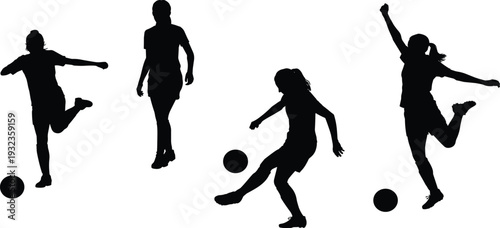 Female soccer players silhouettes collection set, women athletes kicking ball, professional football training and sports competition