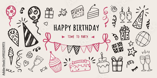 Hand drawn birthday doodles and celebratory elements arranged in a festive composition